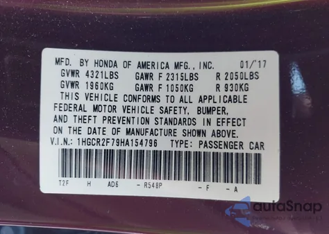 2017 Honda Accord Ex from USA, damaged, VIN 1HGCR2F79HA154796